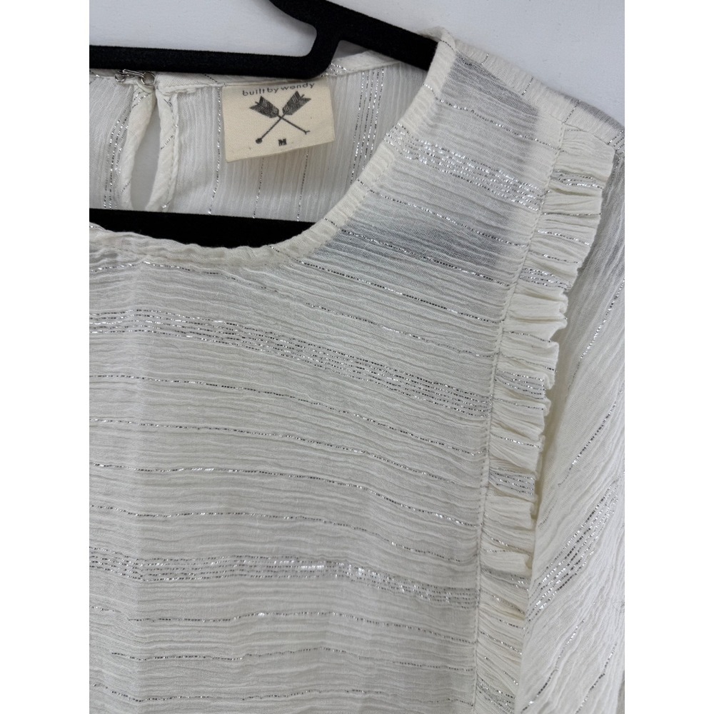 Built by Wendy White Cotton Gauze Ruffle Metallic Stripe Blouse Medium - Picture 2 of 10